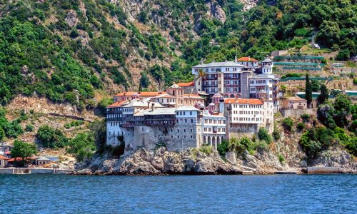 Scenic view of Dionysiou monastery on Mount Athos, Greece