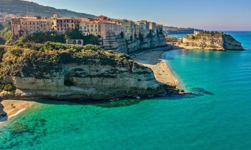 Aerial view of Tropea, house on the rock and Sanctuary of Santa