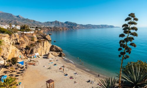 Calahonda beach in the town of Nerja one spring afternoon, Andalusia. Spain. Costa del sol in the Mediterranean Sea.
